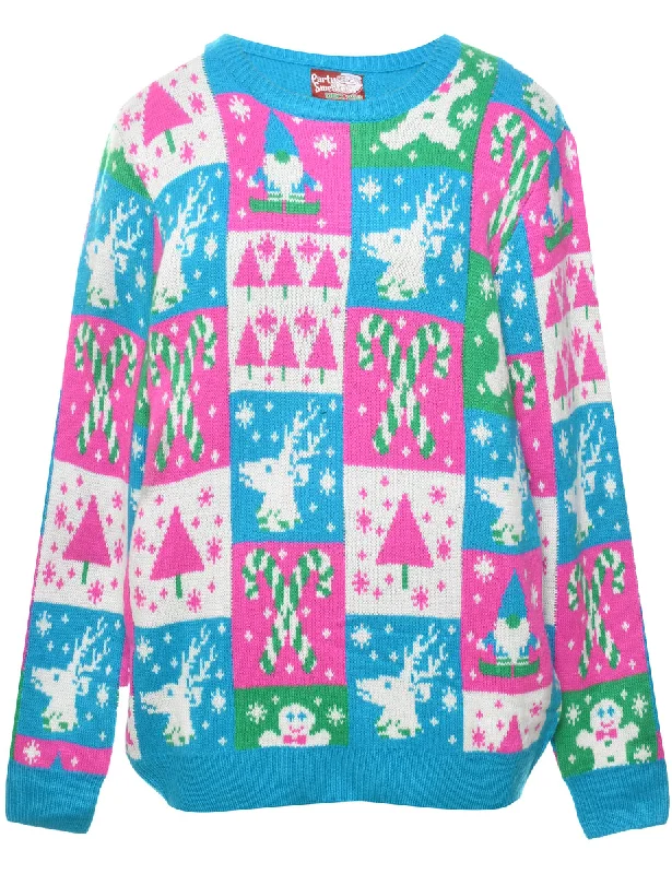 Festive Print Christmas Jumper - L Notch Collar Peter Pan Collar Cowl Neck