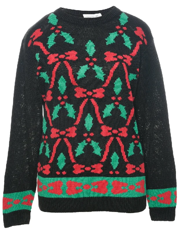 Festive Print Christmas Jumper - M Zippered Front Buttoned Front Snap Front