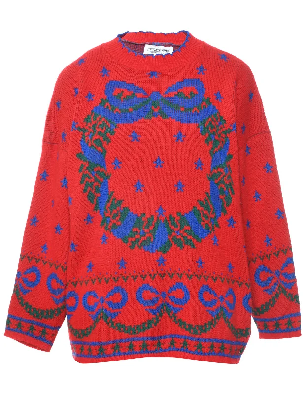 Festive Print Christmas Jumper - M Ribbed Striped Patterned