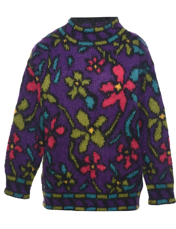 Floral Knit Jumper - L Fitted Slim Tailored