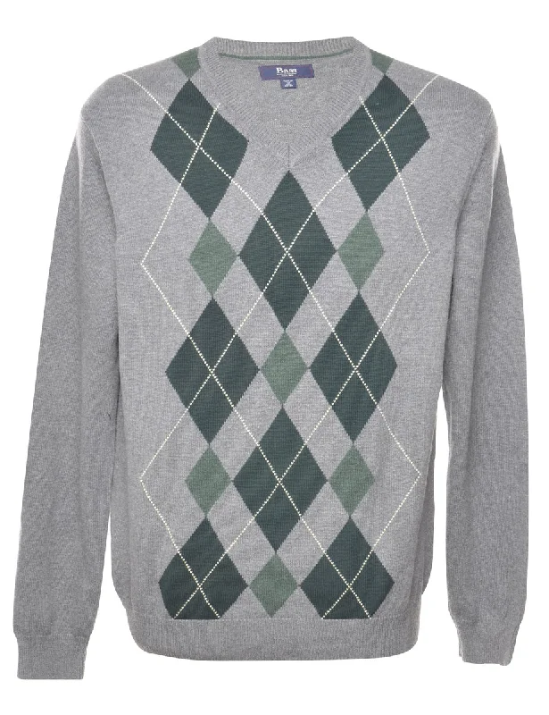 G. H. Bass Argyle Grey Jumper - M Zippered Front Buttoned Front Snap Front