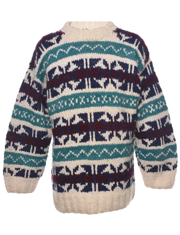 Geometric Pattern Jumper - L Handmade Hand-knitted Hand-woven