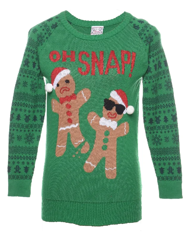 Gingerbread Design Red & Green Christmas Jumper - S Beaded Sweater Sequined Faux Fur