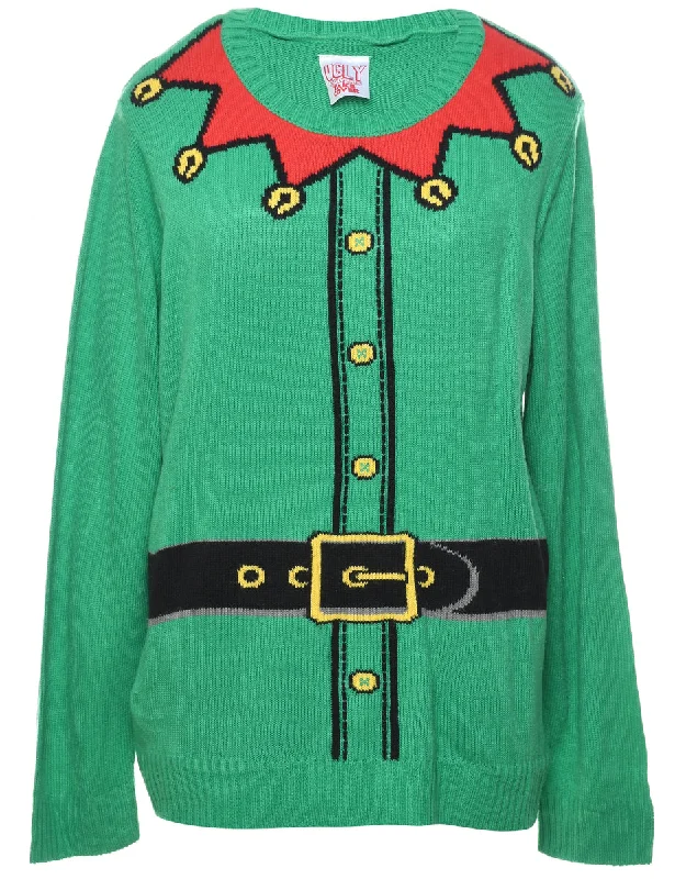 Green Christmas Jumper - L Beaded Sweater Sequined Faux Fur