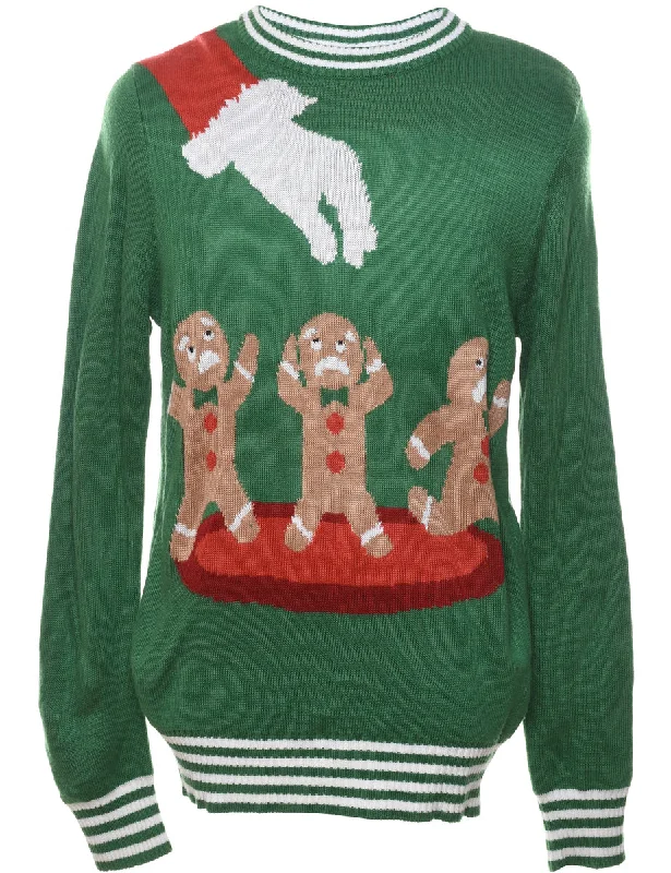 Green Christmas Jumper - L Mesh Sweater Canvas Denim