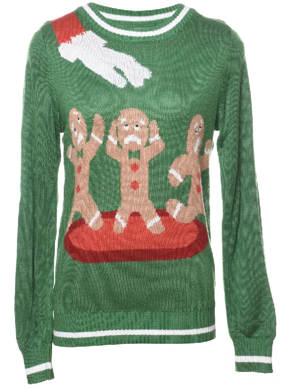 Green Christmas Jumper - M Handmade Hand-knitted Hand-woven