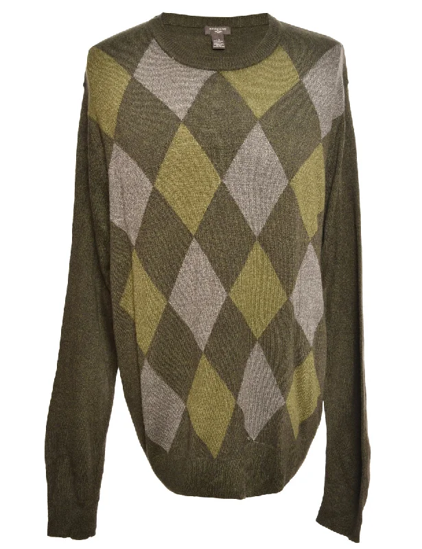 Green Dockers Argyle Jumper - L Ribbed Striped Patterned