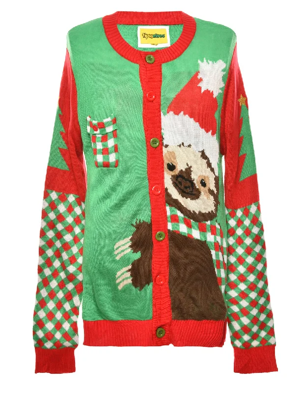 Green & Red Festive Season Sloth Design Jumper - L Knit Fabric Woven Fabric Fleece Fabric