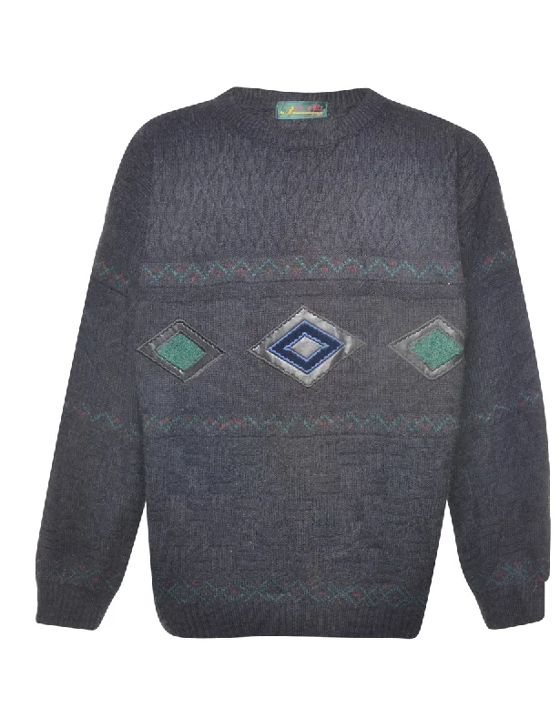 Grey Embroidered Argyle Design Jumper  - L Lightweight Heavyweight Midweight