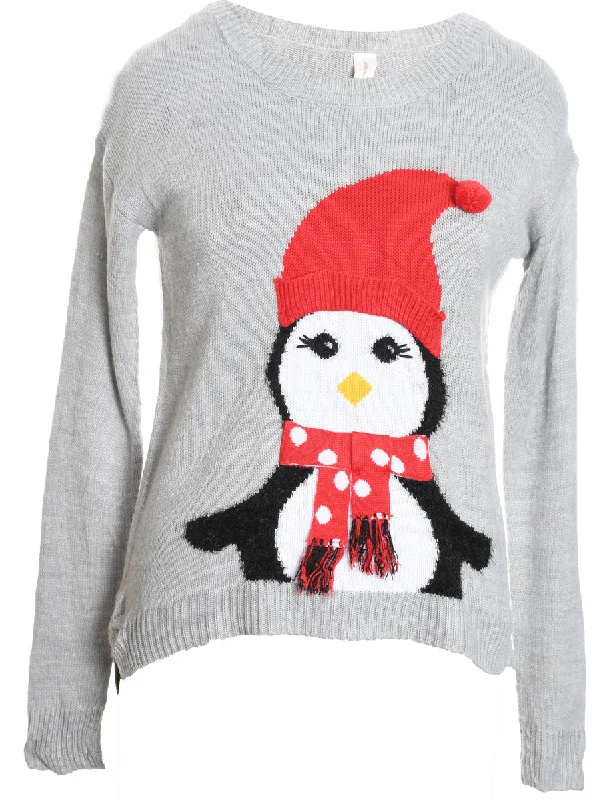 Grey, Red & White Penguin Design Knit Christmas Jumper - M Silk Blend Satin Velvet