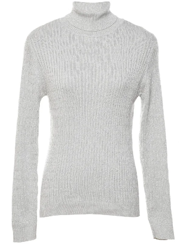 Lurex Thread Pattern Turtleneck Jumper - M Mesh Sweater Canvas Denim