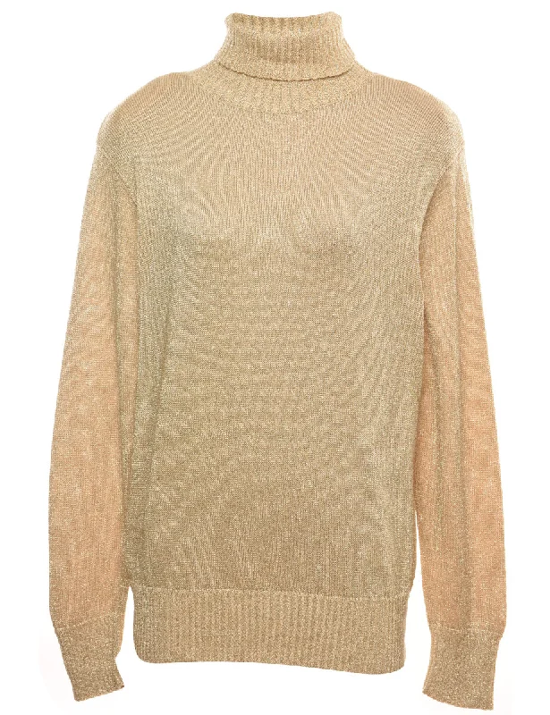 Lurex Thread Pattern Turtleneck Jumper - M High Neck Crew Neck V-Neck