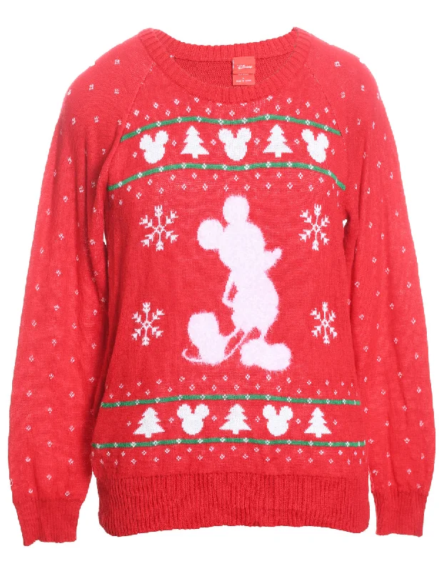 Mickey Mouse Red Knit Disney Christmas Jumper - L Solid Print Embellished