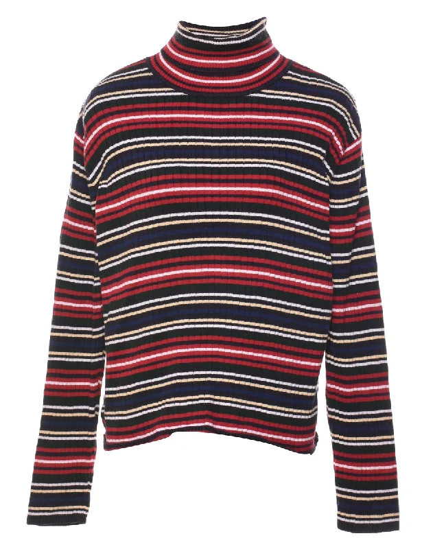 Multi-colour Striped Turtleneck Jumper - L High Neck Crew Neck V-Neck