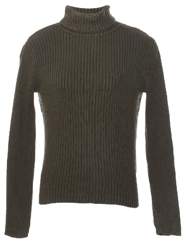 Olive Green Turtleneck Jumper - M Elegant Classic Vintage