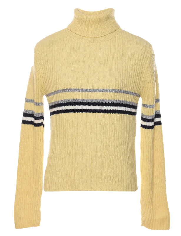 Pale Yellow Striped Turtleneck Jumper - M Nylon Fabric Polyester Fabric Spandex Fabric