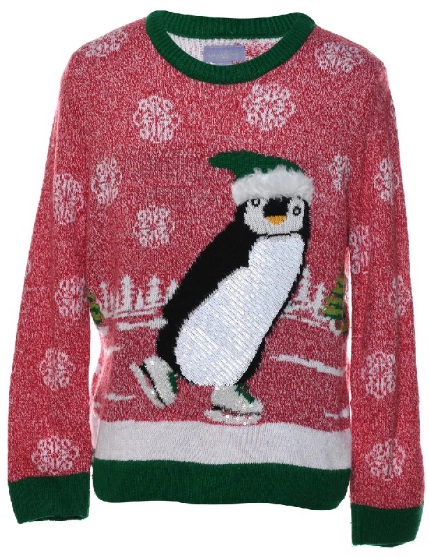 Penguin Design Red & Green Christmas Jumper - M Soft Cozy Warm