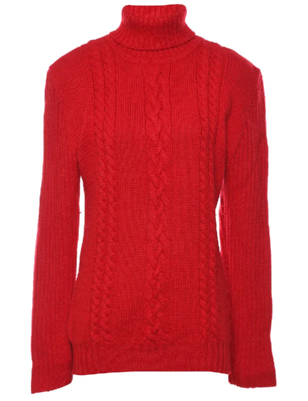 Red Polo Neck Jumper - L Seamless Knitted Crochet