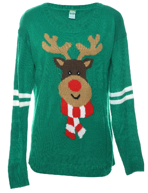 Reindeer Christmas Jumper - L Striped Floral Plaid