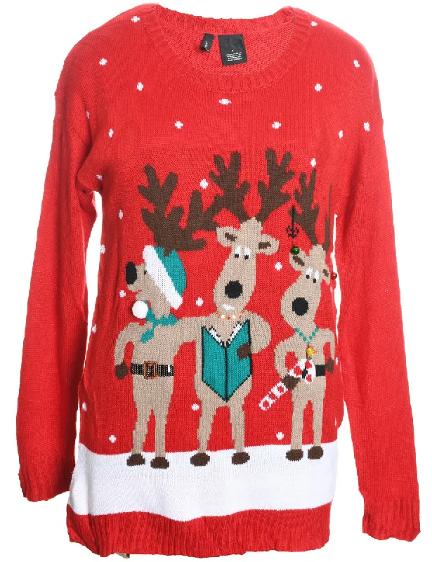 Reindeer Christmas Jumper - L Welt Pockets Slit Pockets Flap Pockets