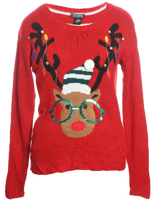 Reindeer Christmas Jumper - M Graphic Sweater Embroidered Appliqued