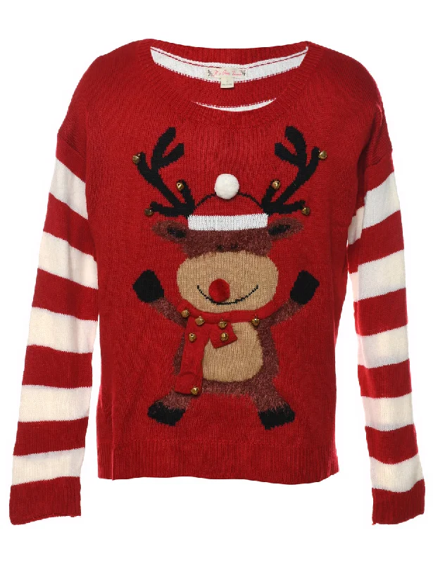 Reindeer Design Red & White Christmas Jumper - L Modern Contemporary Chic