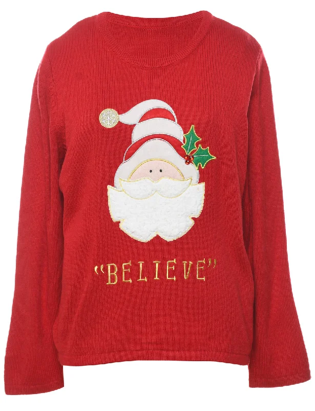 Santa Claus Christmas Jumper - L Satin Blend Silk Blend Wool Blend