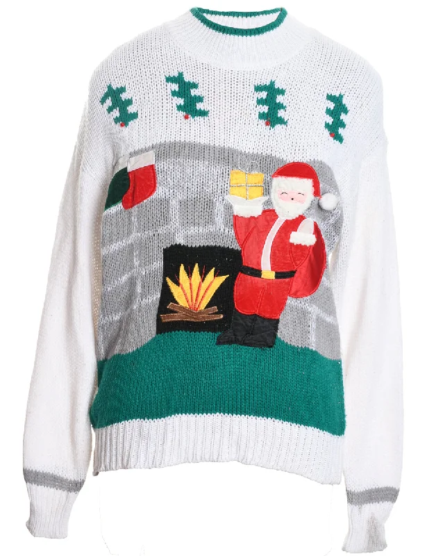 Santa Claus Christmas Jumper - L Satin Blend Silk Blend Wool Blend