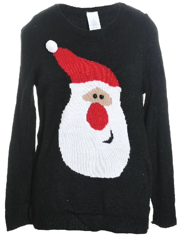 Santa Claus Design Black Knit Christmas Jumper - L Ribbed Striped Patterned