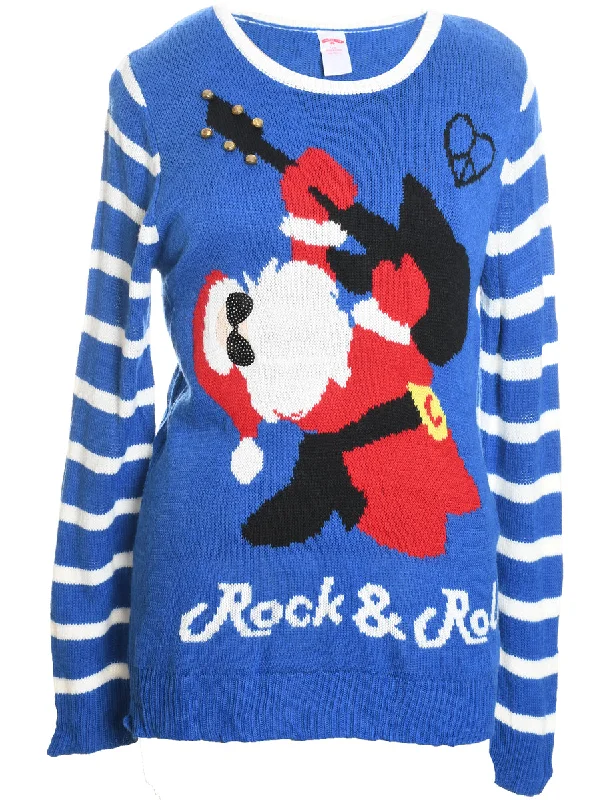 Santa Claus Design Blue Knit Christmas Jumper - L Handmade Hand-knitted Hand-woven