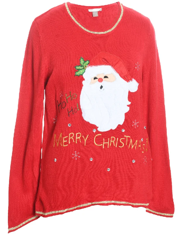 Santa Claus Design Red Embroidered Christmas Jumper - L Front Pockets Side Pockets Patch Pockets