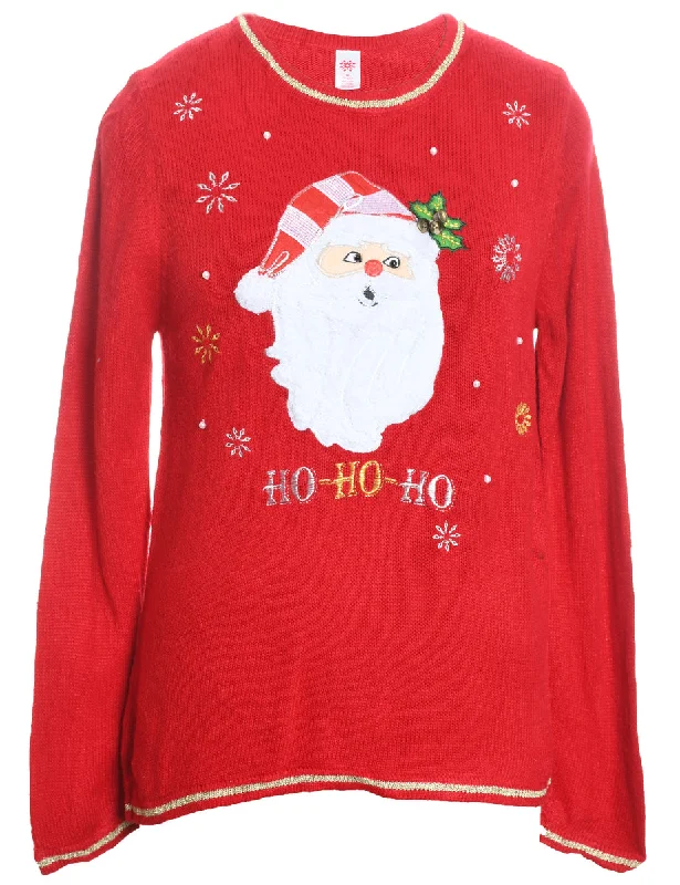 Santa Claus Design Red Embroidered Christmas Jumper - M Striped Floral Plaid