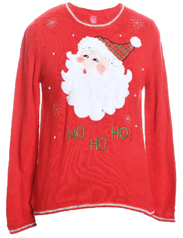 Santa Claus Design Red Embroidered Christmas Jumper - M Velvet Chenille Corduroy