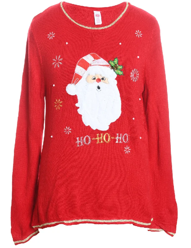 Santa Claus Design Red Knit Christmas Jumper - L Fleece Sweater Nylon Polyester