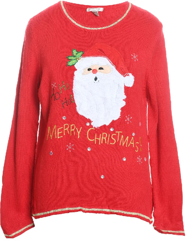 Santa Claus Design Red Knit Christmas Jumper - L Solid Color Striped Floral Print