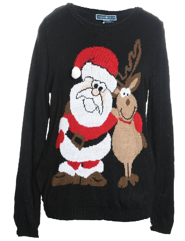 Santa Claus Design & Reindeer Christmas Jumper - M Cable Knit Ribbed Knit Lace Knit