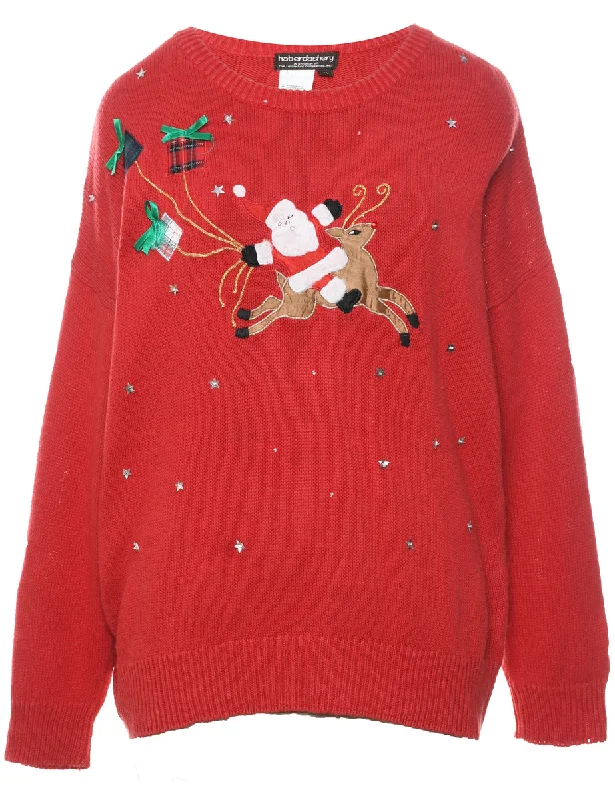 Santa Claus & Reindeer Vintage Christmas Jumper - XL Toggled Drawstring Belted