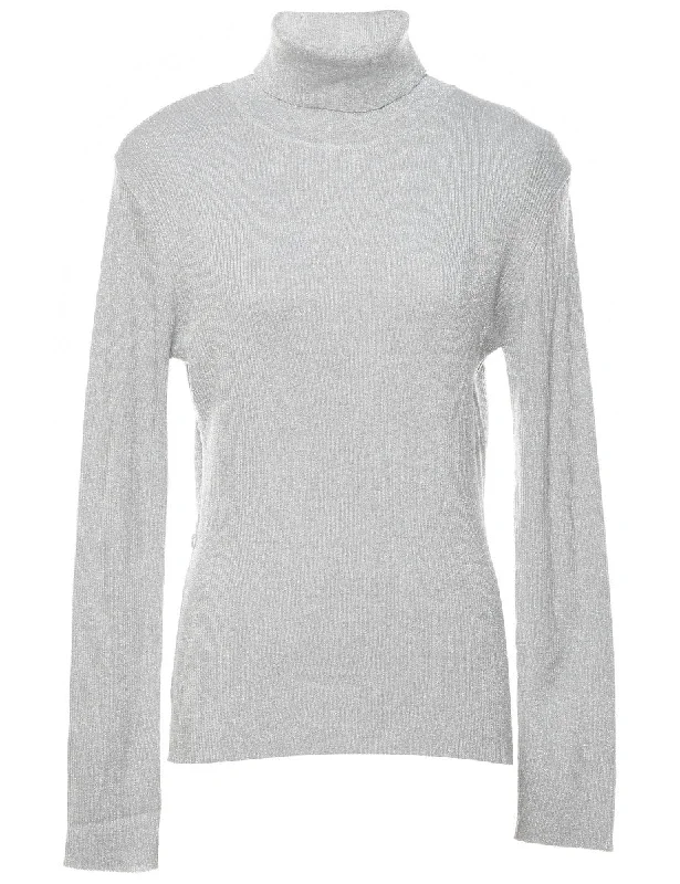 Silver Turtleneck Jumper - M Graphic Sweater Embroidered Appliqued