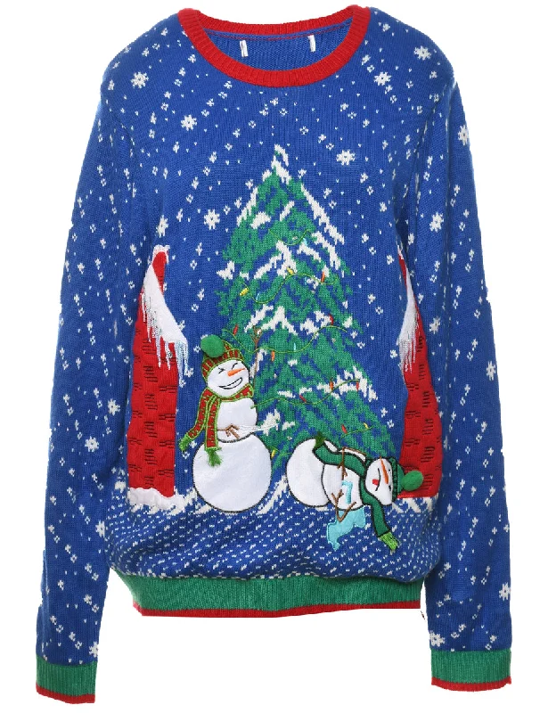 Snowman Christmas Jumper - L Turtle Neck Boat Neck Asymmetrical Neck