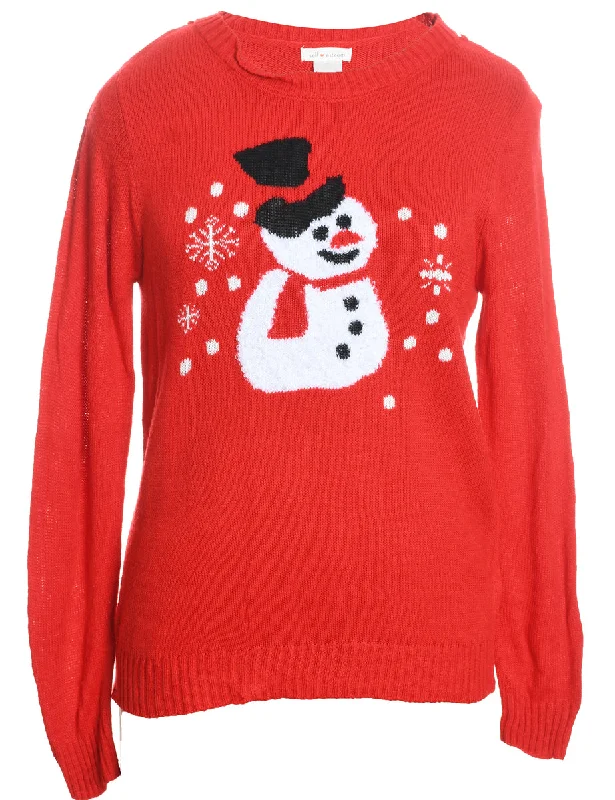 Snowman Christmas Jumper - L Mesh Sweater Canvas Denim