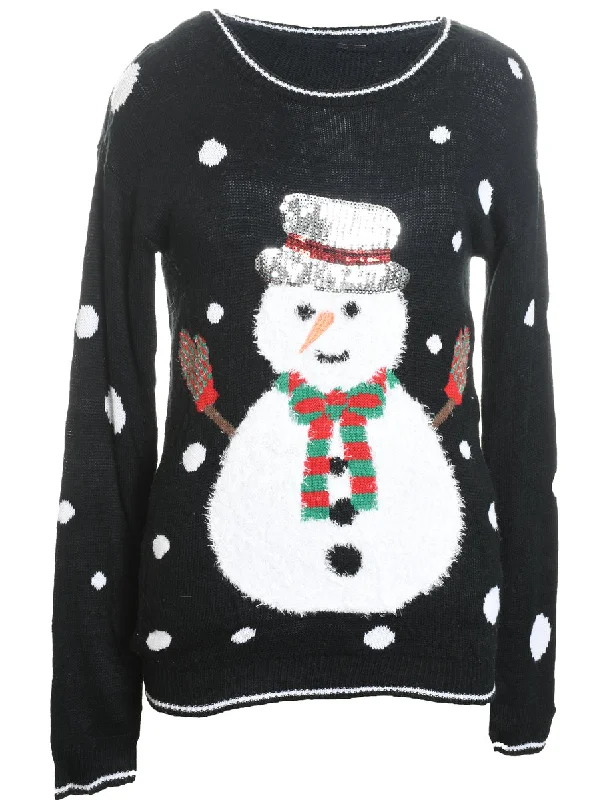 Snowman Design Black Christmas Jumper - M Wool Sweater Cotton Sweater Cashmere Sweater