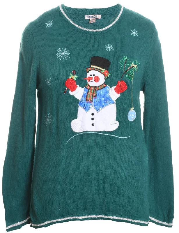 Snowman Design Dark Green Embroidered Christmas Jumper - M Tailored Straight A-Line