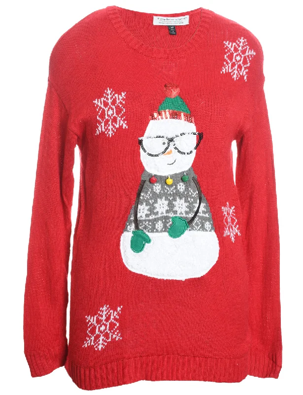 Snowman Design Red Knit Christmas Jumper - M Turtle Neck Boat Neck Asymmetrical Neck