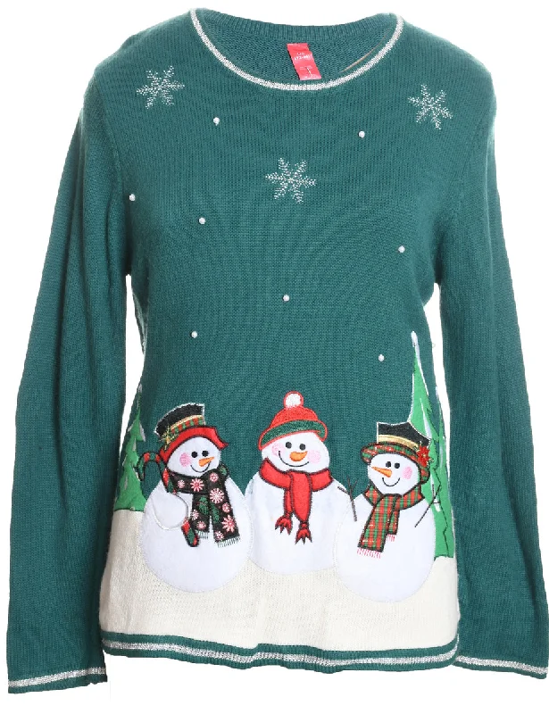 Snowman Green Knit Christmas Jumper - L Layered Multi-layer Single Layer