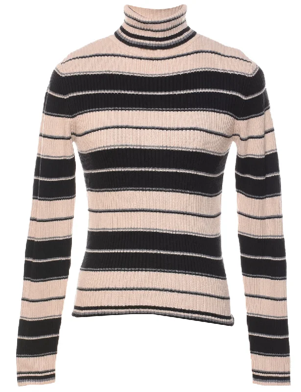 Striped Turtleneck Jumper - L Beaded Sweater Sequined Faux Fur