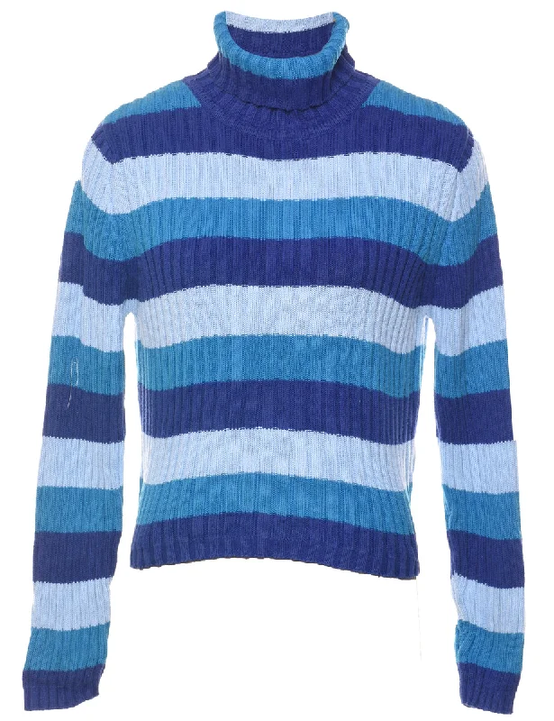 Striped Turtleneck Jumper - L Toggled Drawstring Belted