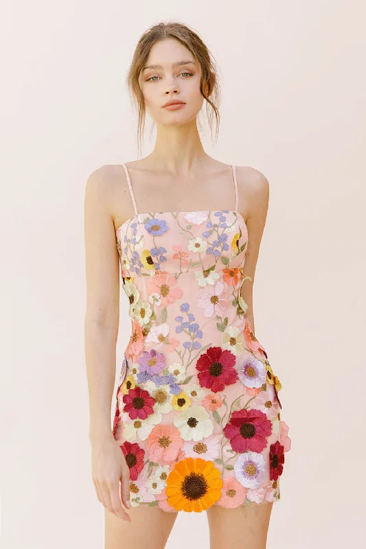 3D Multi Floral Mini Dress Fashionable Boho-Chic Mini Dress