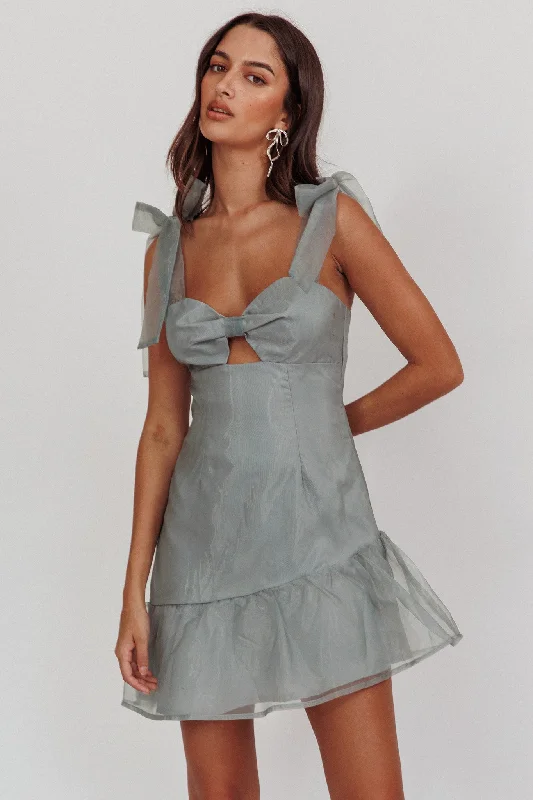 Alexia Bow Shoulder Ruffle Hem Mini Dress Sage Stylish Summer Mini Dress