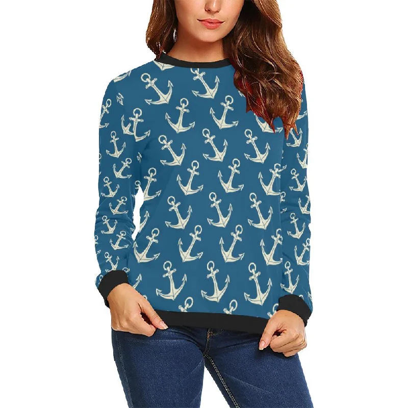 Anchor Nautical Print Pattern Women Crewneck Sweatshirt Hoodie with Rhinestones Sparkly Elegant