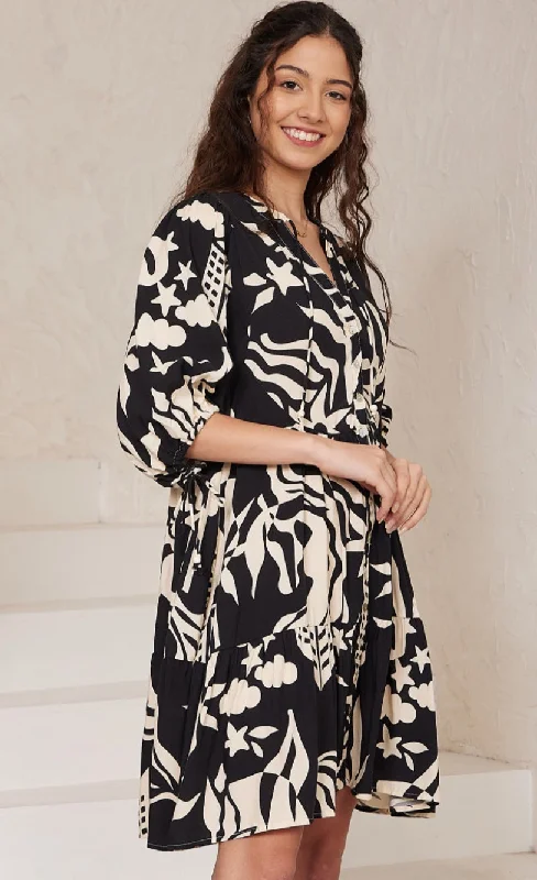 Belinda Black and Natural Mini Dress Chic Pleated Mini Dress
